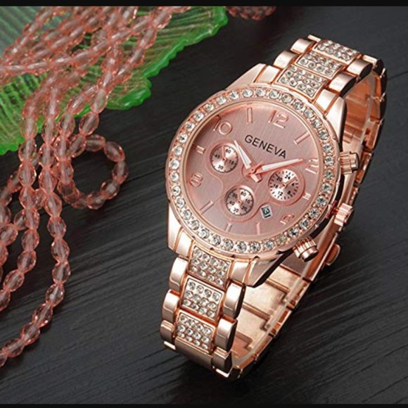 Rose Gld Floating Crystal Calendar Geneva SS Watch - Picture 4 of 8